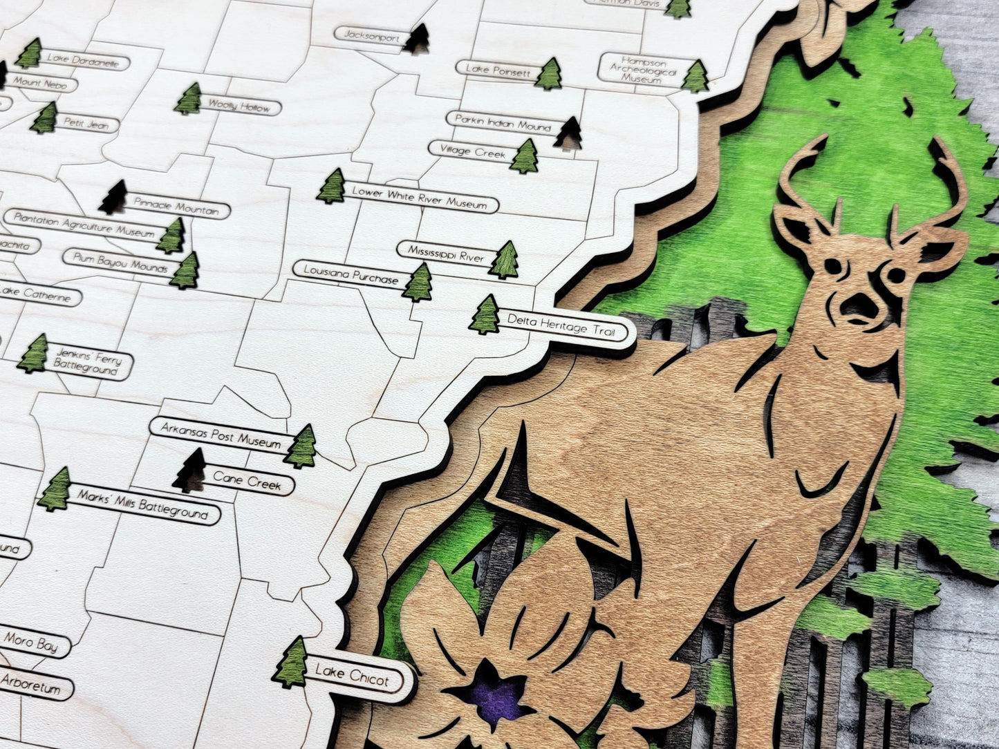 Personalized Arkansas adventure map for hikers and campers, engraved wood wall art.