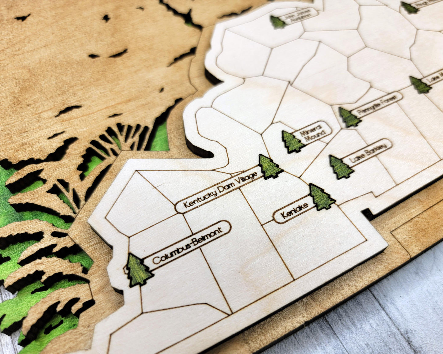 Engraved Kentucky hiking map showing detailed park outlines, rustic wood travel decor.