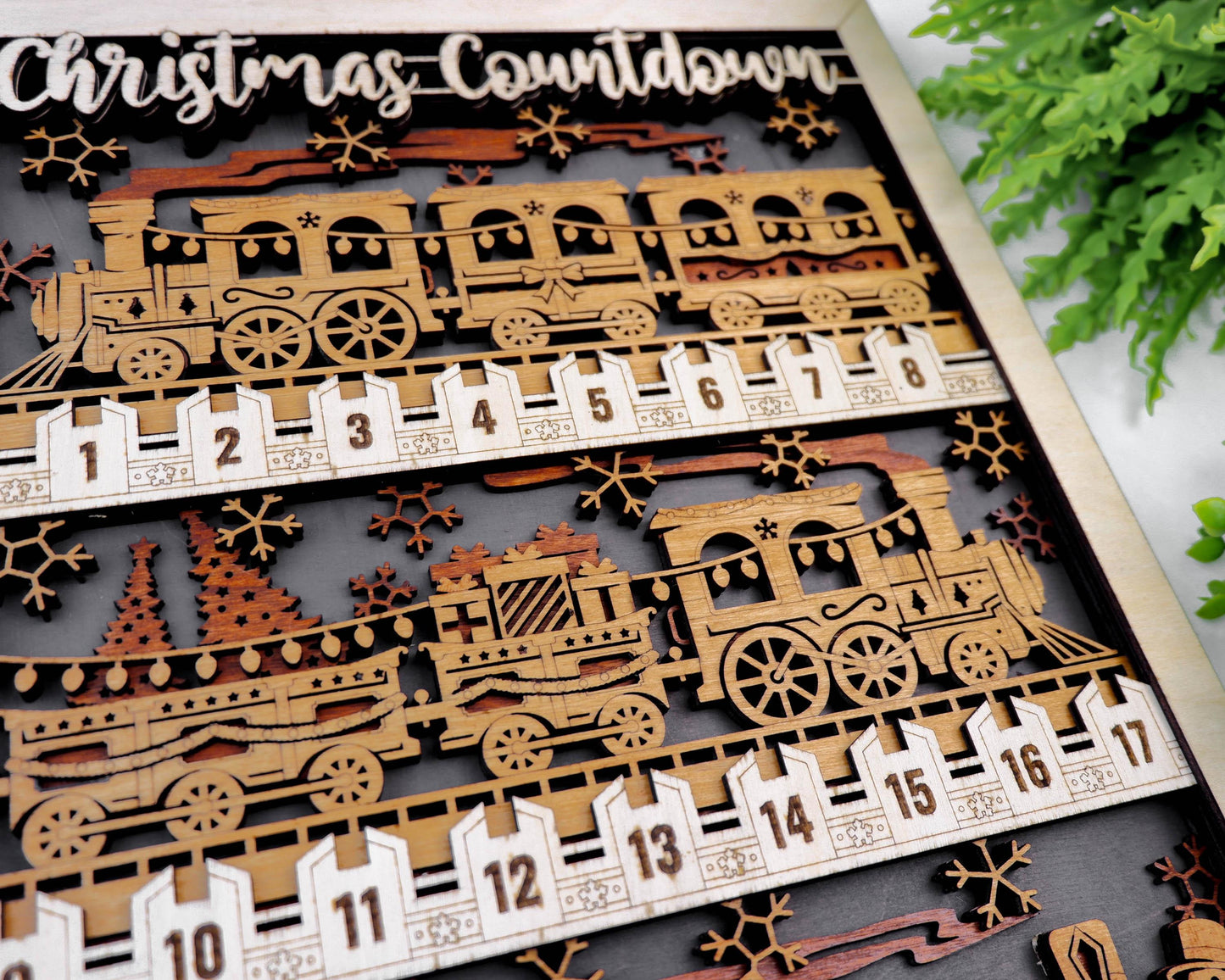 Handcrafted rustic train Christmas countdown calendar, large wooden holiday decor centerpiece
