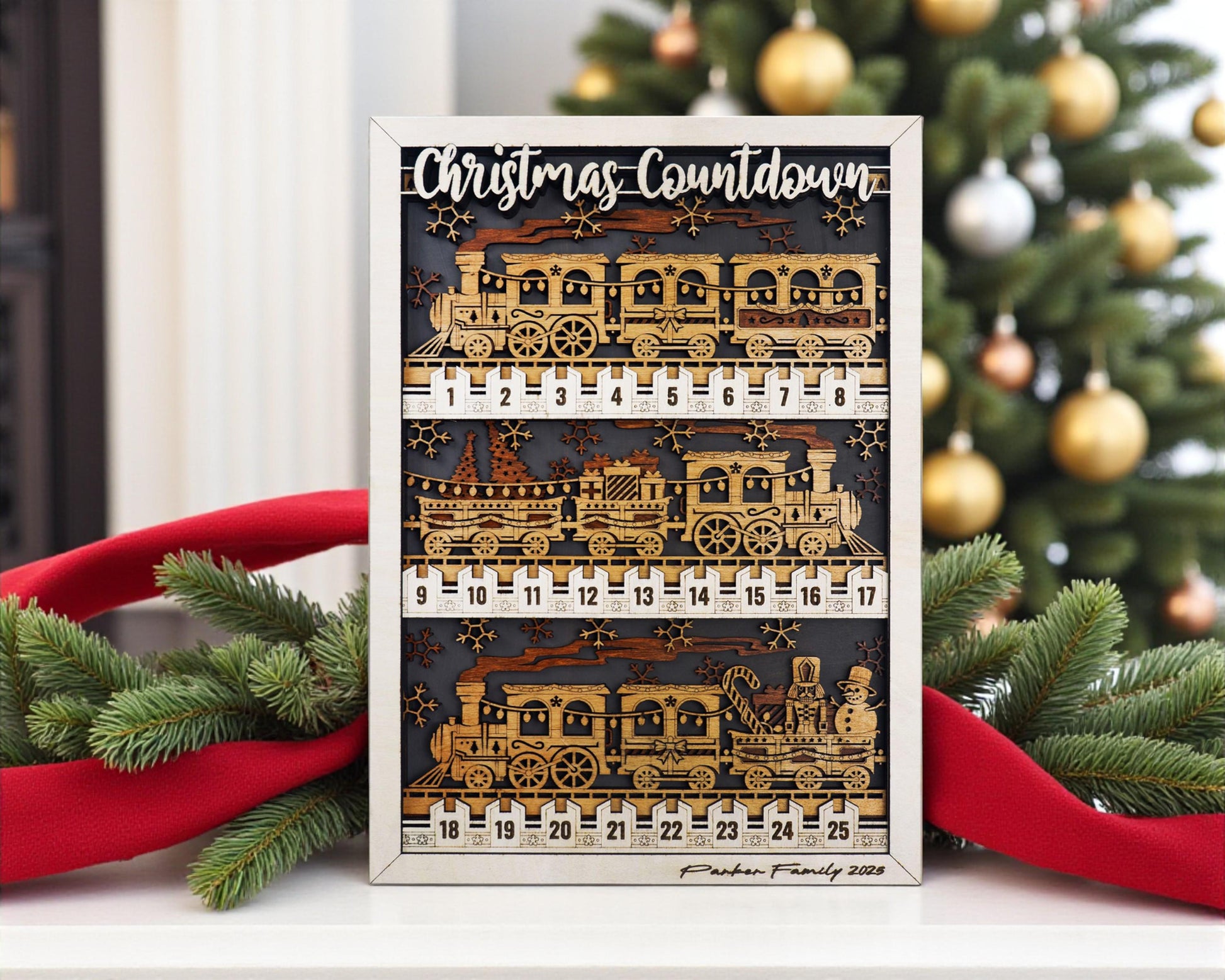 Large rustic train Christmas countdown, wooden holiday decor with numbered blocks for farmhouse style homes