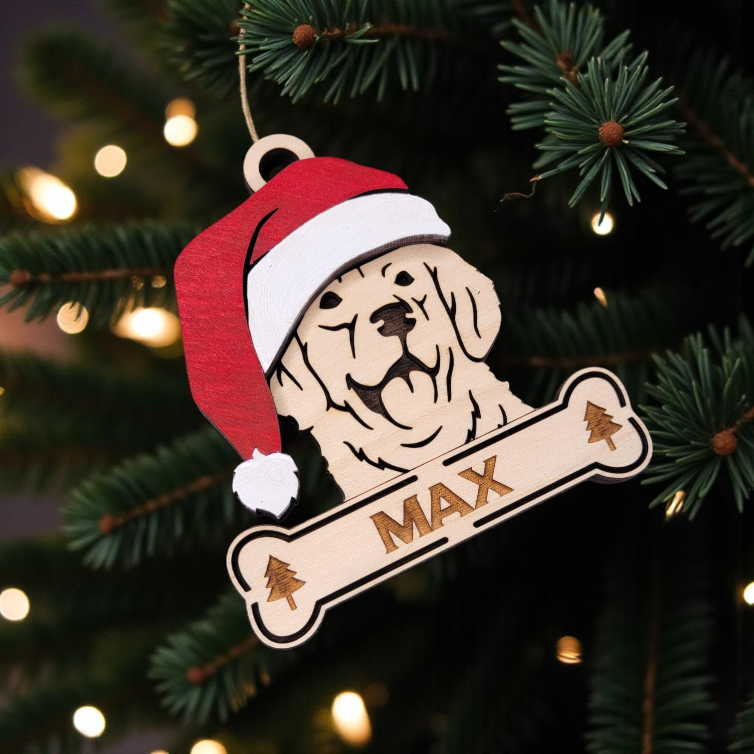 Golden Retriever ornament engraved with pet name, handcrafted from hardwood