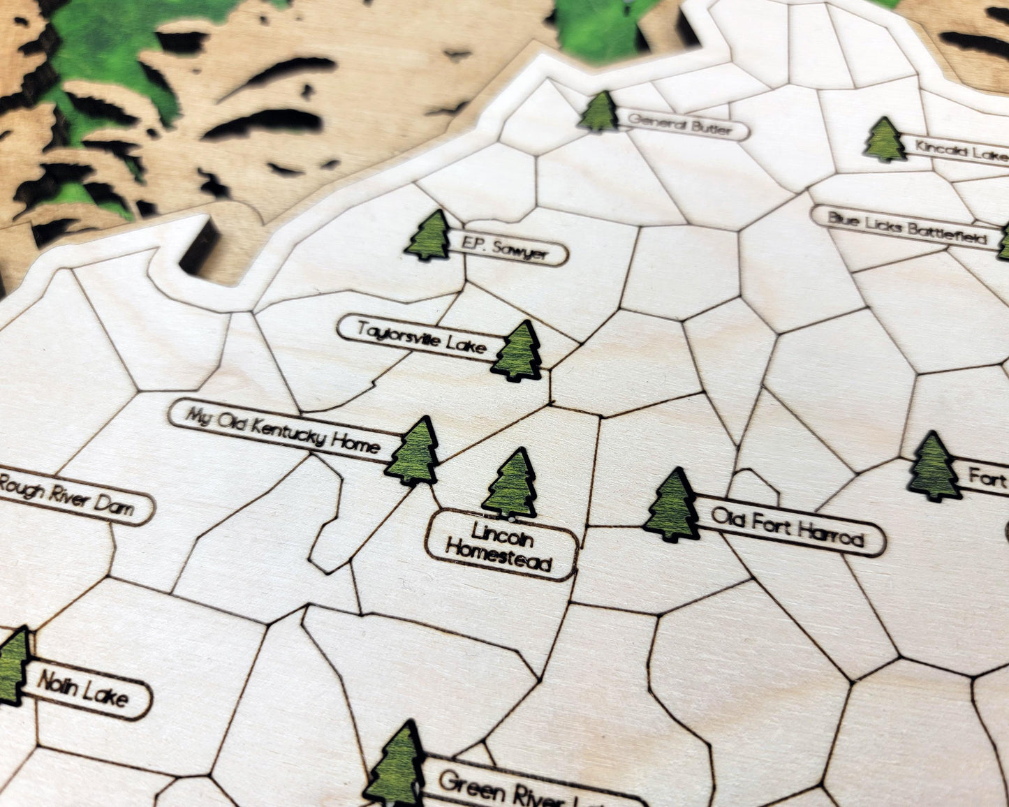 Laser cut wood Kentucky state park adventure map handmade in Ohio for hikers and camper