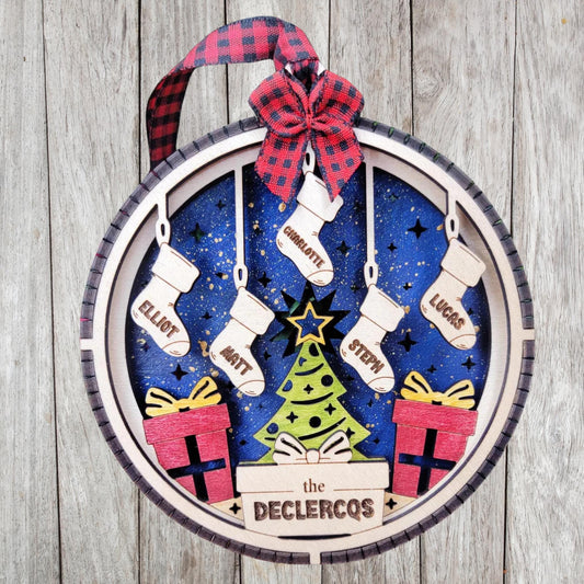 3D family ornament with pets personalized stockings hanging on Christmas tree