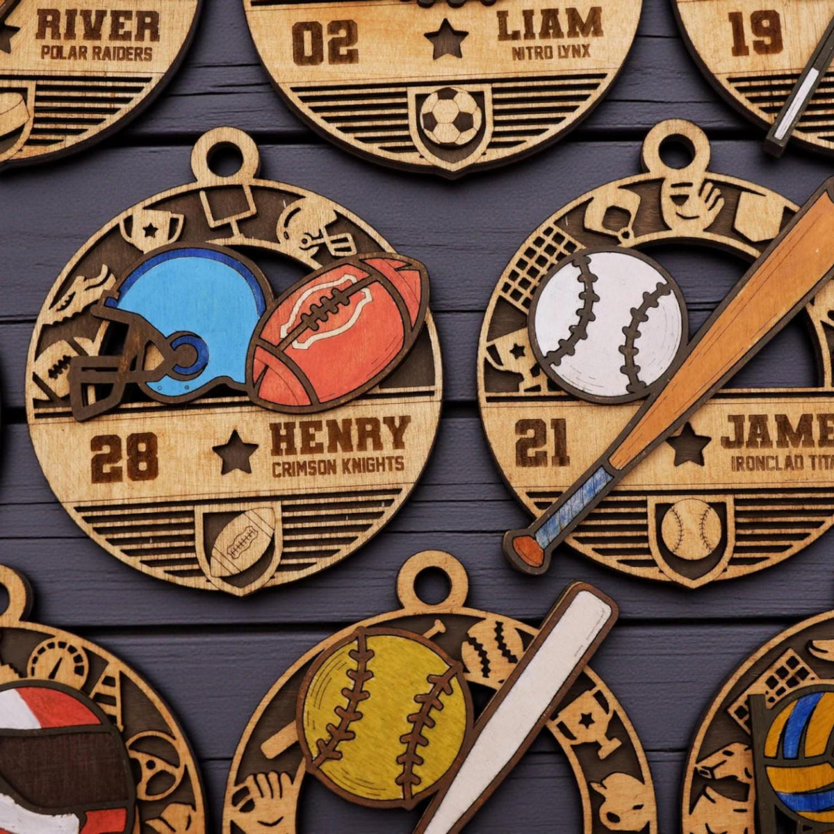 Personalized Sports Ornament – Layered Team Design, Laser Cut Wood Keepsake, Gift for Athletes