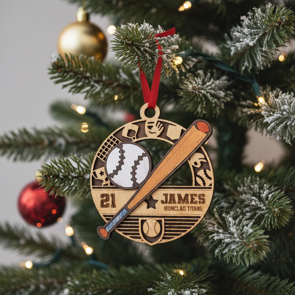 Personalized Sports Ornament – Layered Team Design, Laser Cut Wood Keepsake, Gift for Athletes