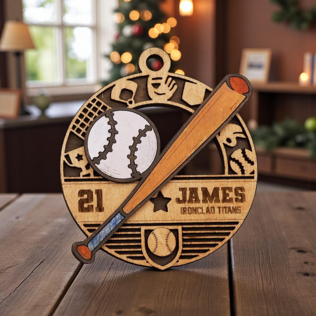Personalized Sports Ornament – Layered Team Design, Laser Cut Wood Keepsake, Gift for Athletes