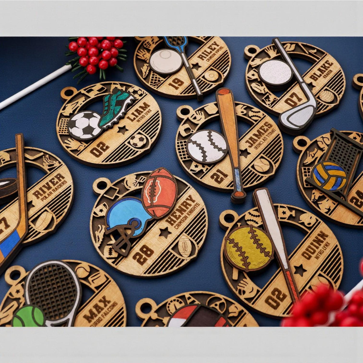 Personalized Sports Ornament – Layered Team Design, Laser Cut Wood Keepsake, Gift for Athletes