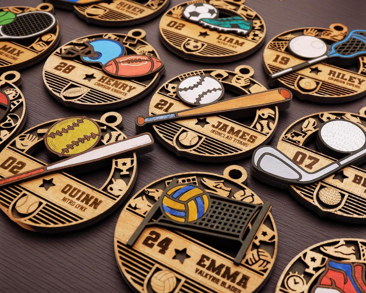 Personalized Sports Ornament – Layered Team Design, Laser Cut Wood Keepsake, Gift for Athletes
