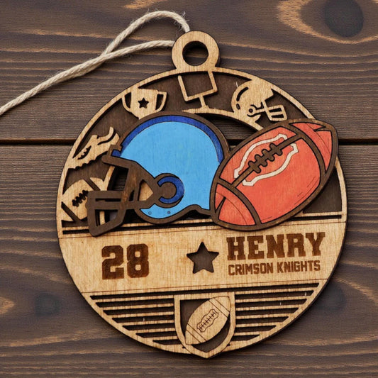 Personalized Sports Ornament – Layered Team Design, Laser Cut Wood Keepsake, Gift for Athletes