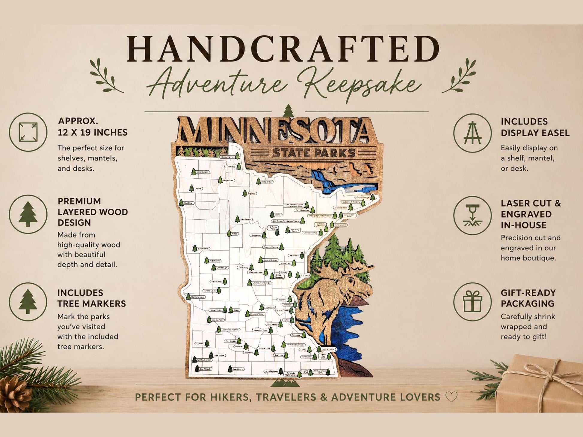 Personalized Minnesota State Parks Map | MN Travel Tracker | Layered Wood Adventure Keepsake | Hiking & Camping Gift | Minnesota Wall Art