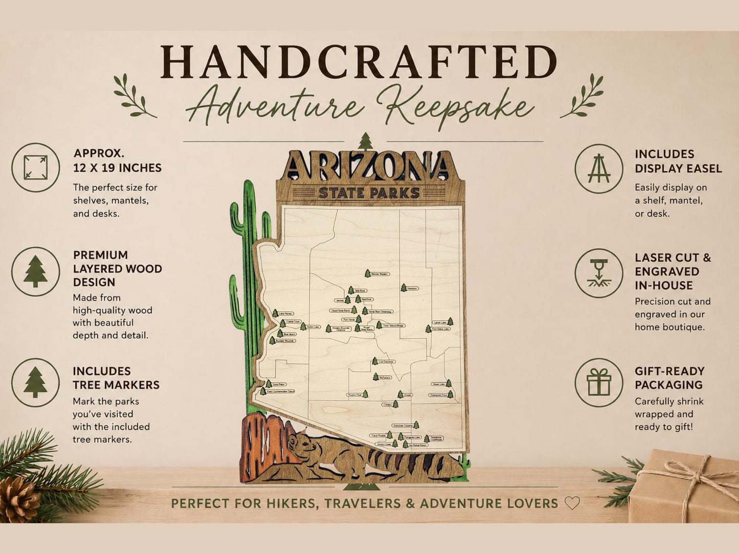 Personalized Arizona State Parks Map | AZ Travel Tracker | Layered Wood Adventure Keepsake | Hiking & Camping Gift | Arizona Wall Art