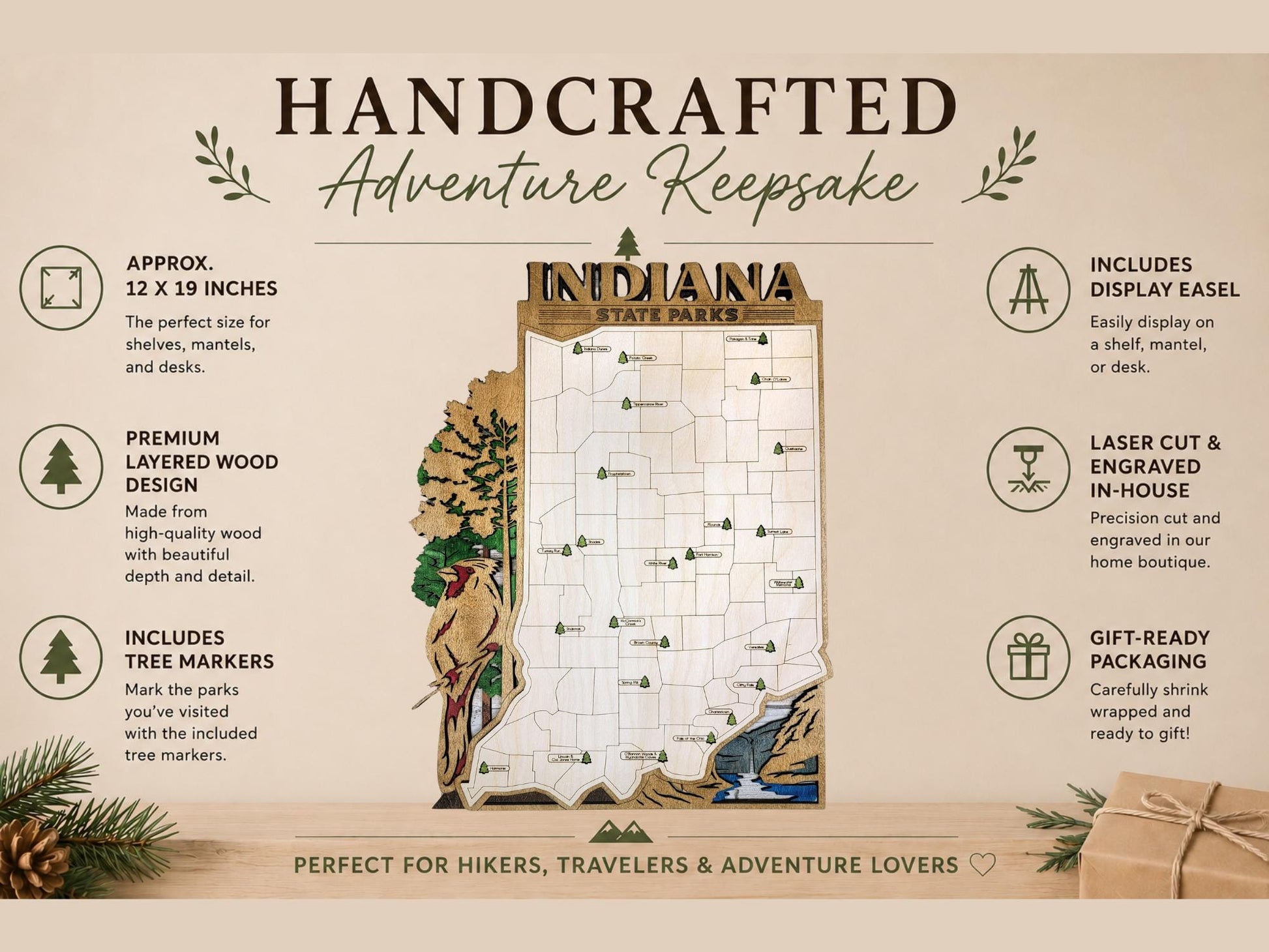 Personalized Indiana State Parks Map | IN Travel Tracker | Layered Wood Adventure Keepsake | Hiking & Camping Gift | Indiana Wall Art