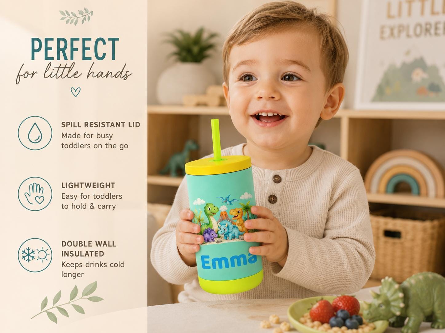 Dino Cup for Toddler Boys, Cute Dinosaur Water Bottle with Name, Back to School Kids Tumbler, Personalized Preschool Gift