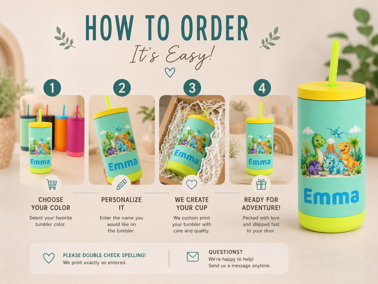 Dino Cup for Toddler Boys, Cute Dinosaur Water Bottle with Name, Back to School Kids Tumbler, Personalized Preschool Gift