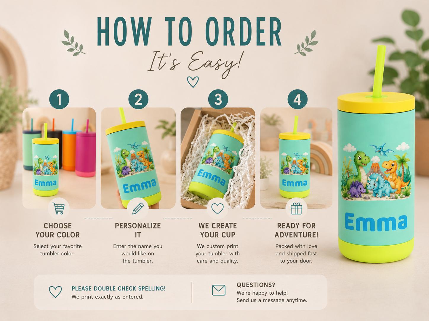 Dino Cup for Toddler Boys, Cute Dinosaur Water Bottle with Name, Back to School Kids Tumbler, Personalized Preschool Gift