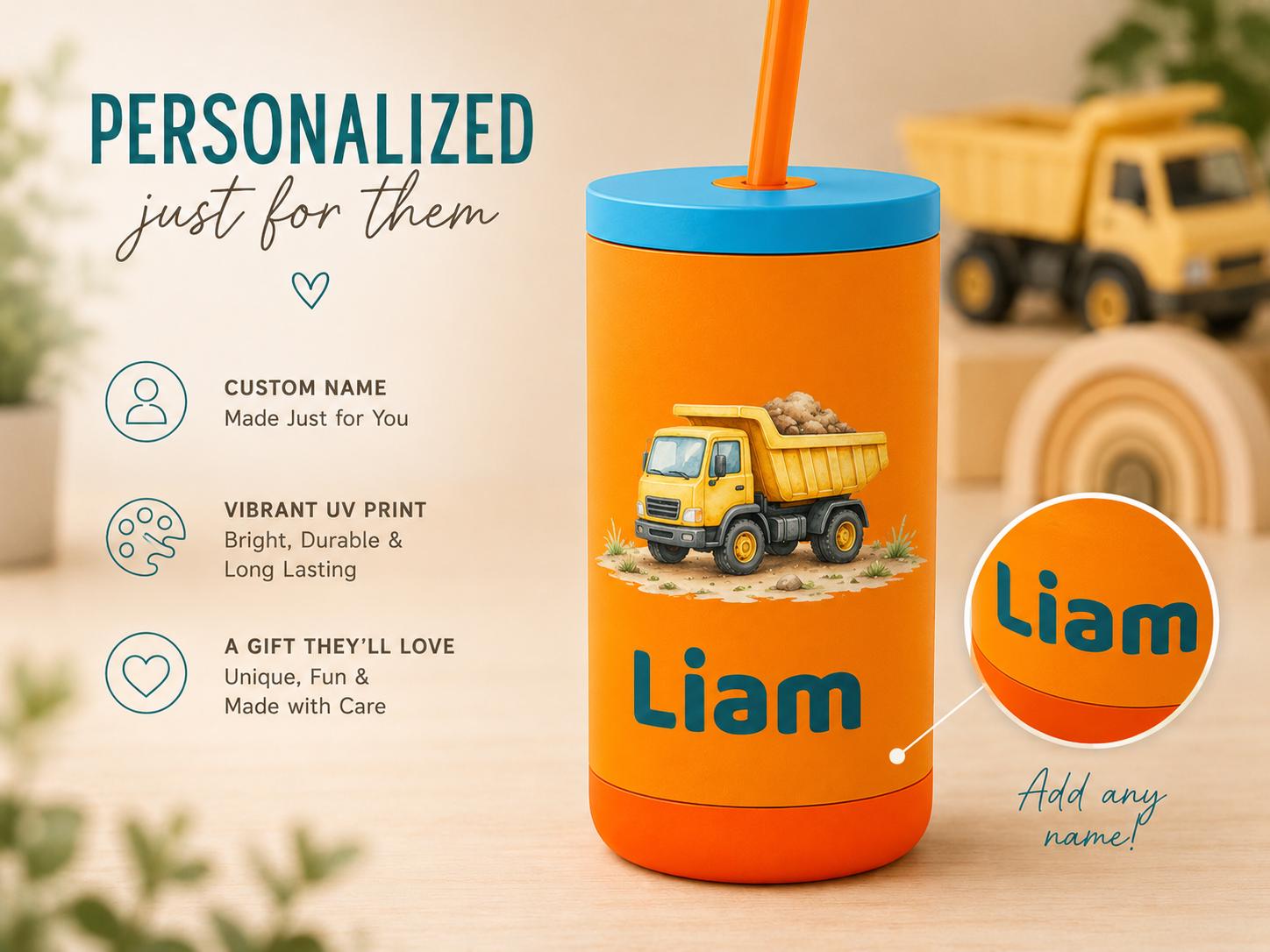 Dump Truck Water Bottle for Boys, Construction Kids Tumbler with Name, Back to School Cup, Personalized Toddler Boy Gift