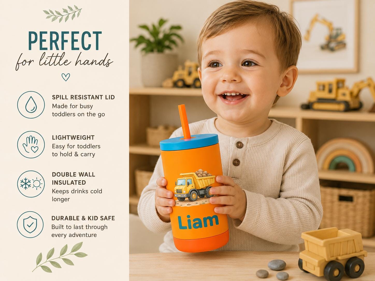 Dump Truck Water Bottle for Boys, Construction Kids Tumbler with Name, Back to School Cup, Personalized Toddler Boy Gift