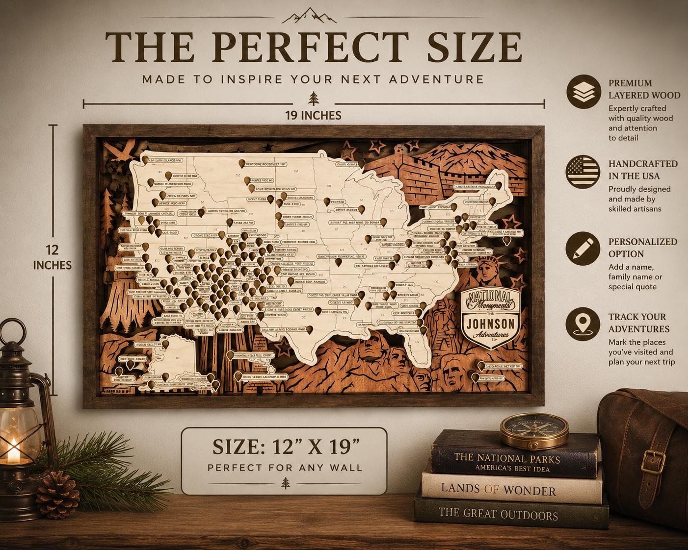 National Monument Travel Map, Personalized USA Adventure Tracker, Wooden Travel Map, National Park Style Decor, Adventure Gift