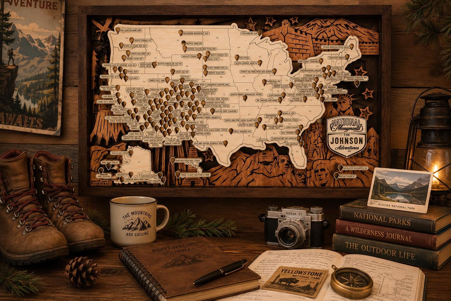 National Monument Travel Map, Personalized USA Adventure Tracker, Wooden Travel Map, National Park Style Decor, Adventure Gift