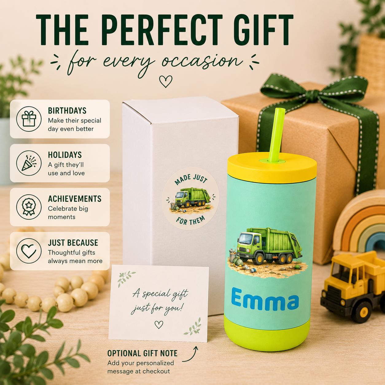 Garbage Truck Water Bottle for Boys, Kids Tumbler with Name, Back to School Cup, Personalized Toddler Boy Gift, Trash Truck Cup