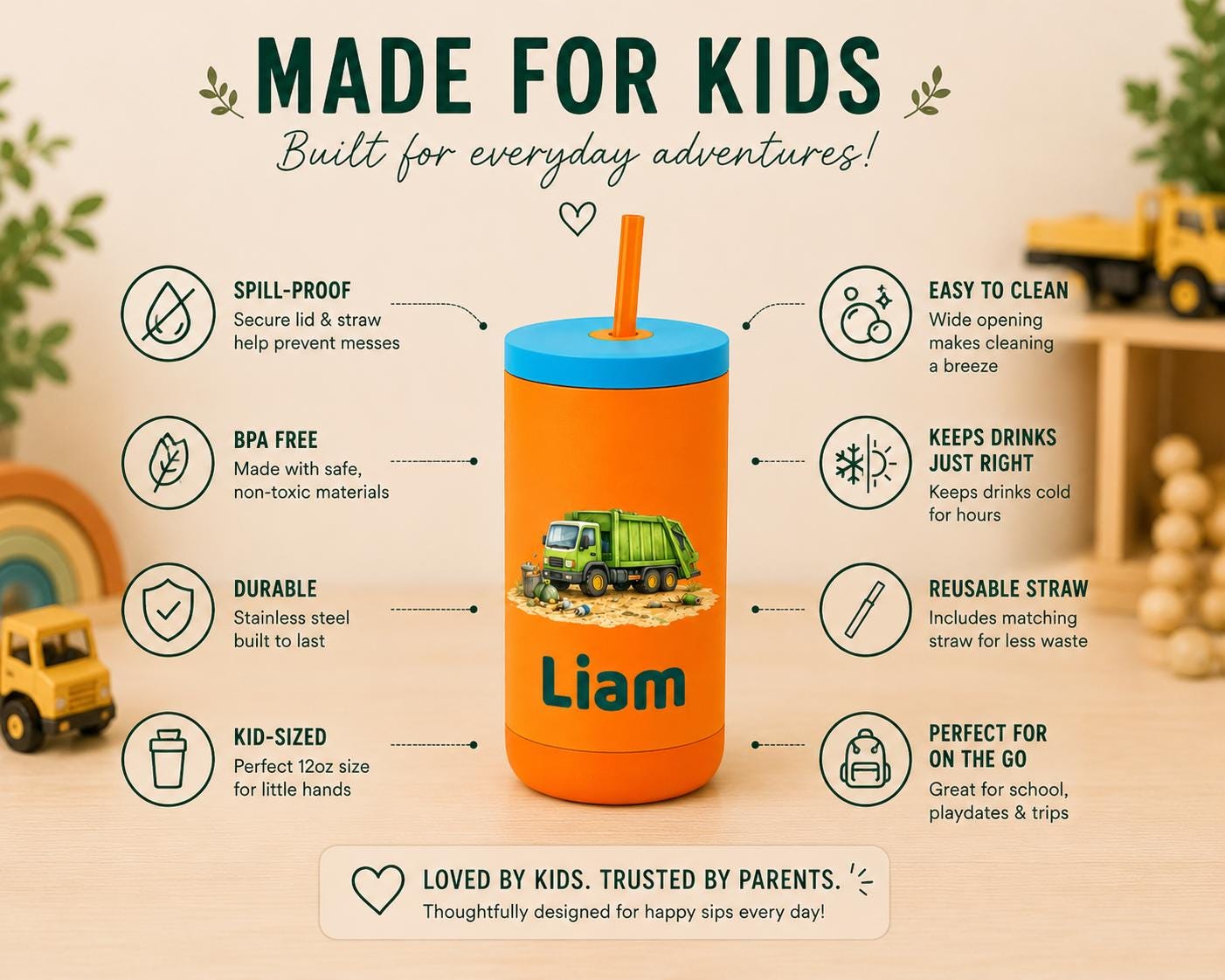 Garbage Truck Water Bottle for Boys, Kids Tumbler with Name, Back to School Cup, Personalized Toddler Boy Gift, Trash Truck Cup