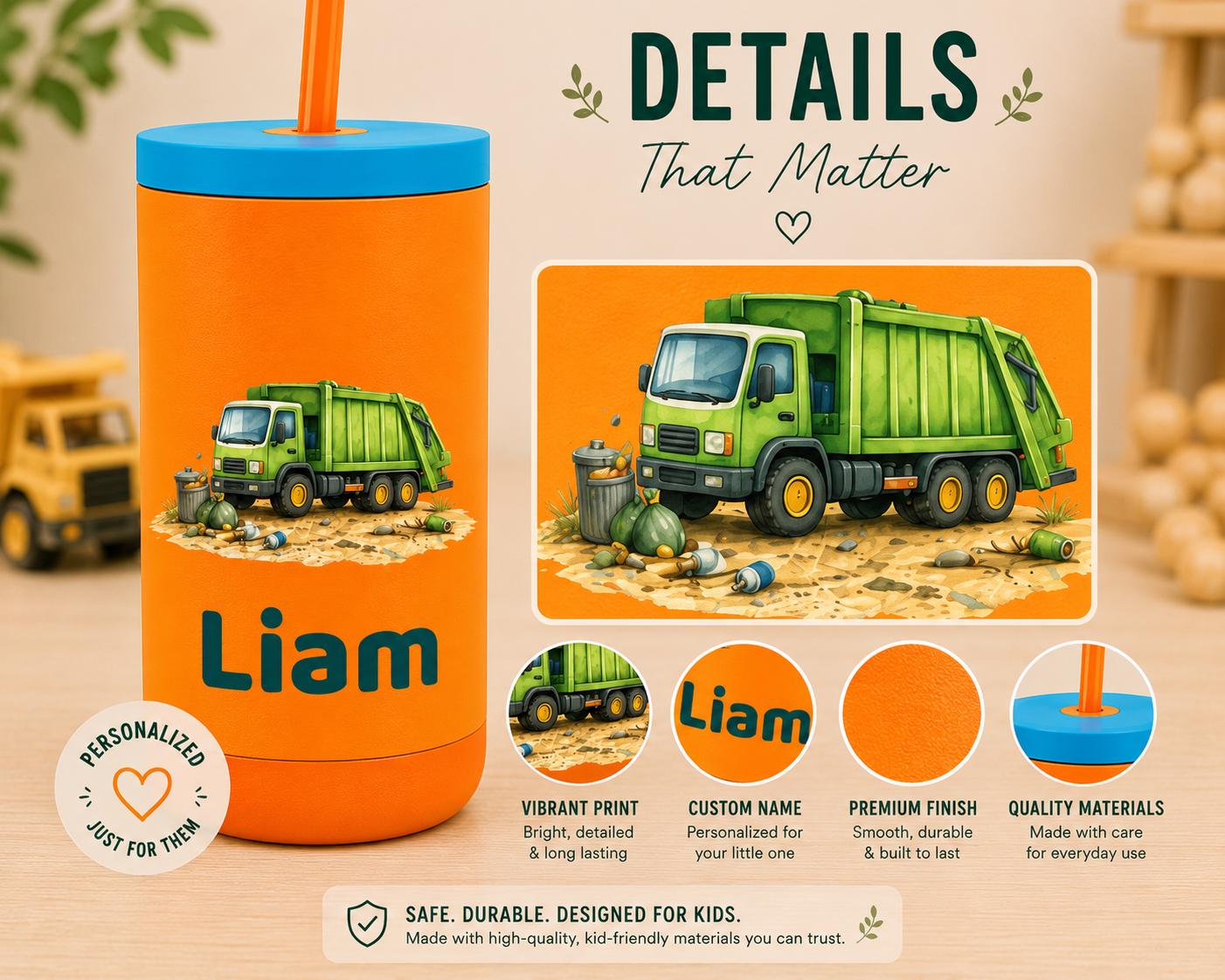 Garbage Truck Water Bottle for Boys, Kids Tumbler with Name, Back to School Cup, Personalized Toddler Boy Gift, Trash Truck Cup