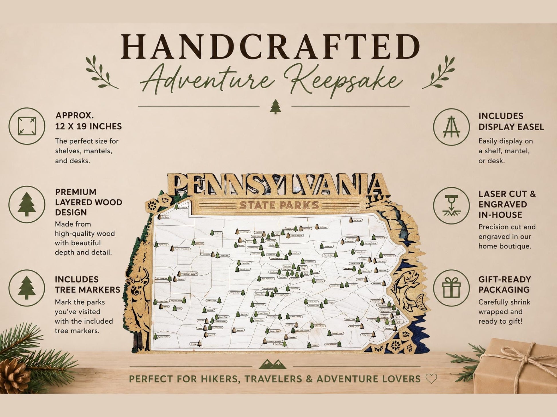 Personalized Pennsylvania State Parks Map | PA Travel Tracker | Layered Wood Adventure Keepsake | Hiking & Camping Gift