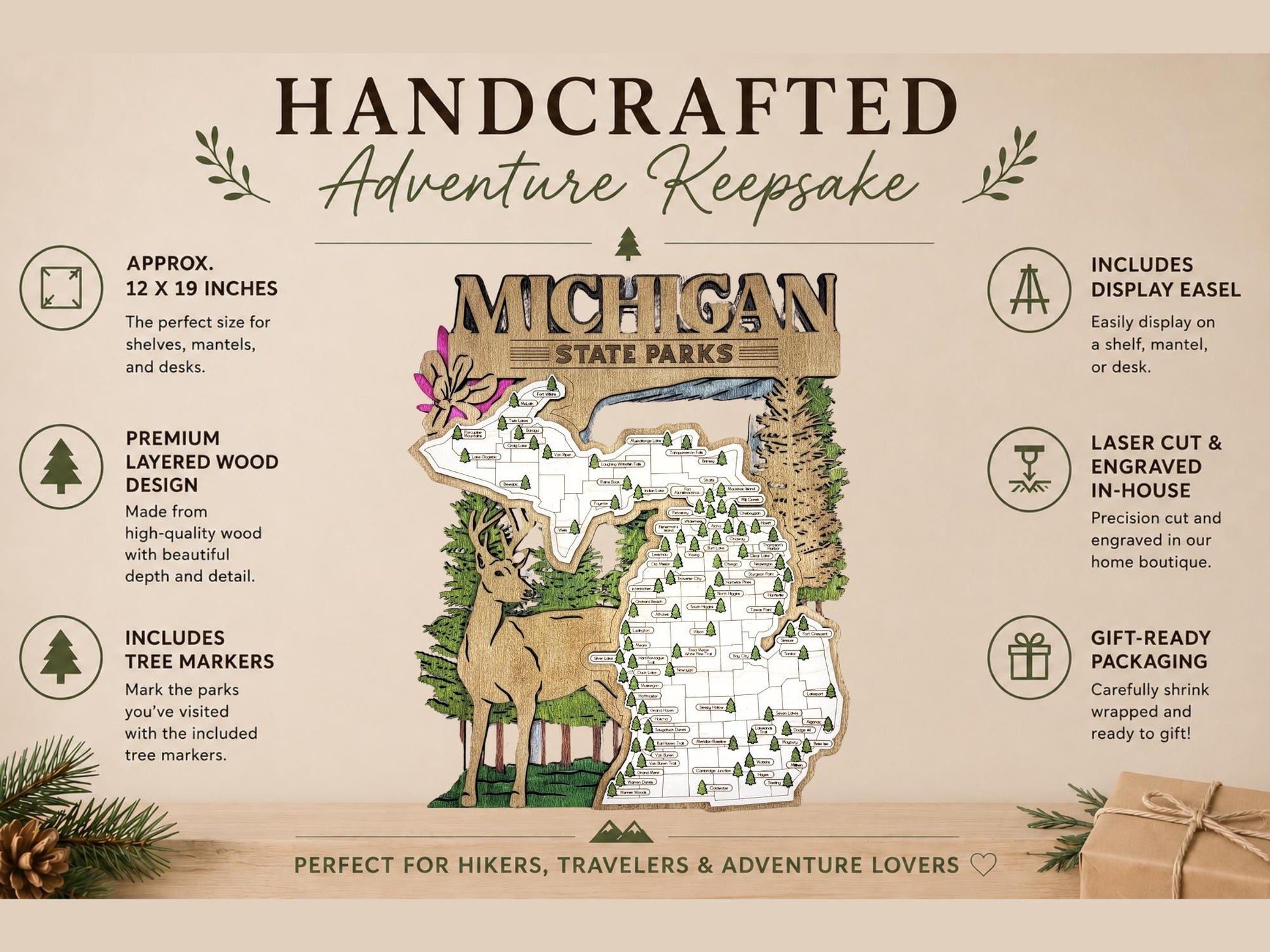 Personalized Michigan State Parks Map | MI Travel Tracker | Hiking & Camping Gift | Michigan Gift for Her | Michigan Wall Art