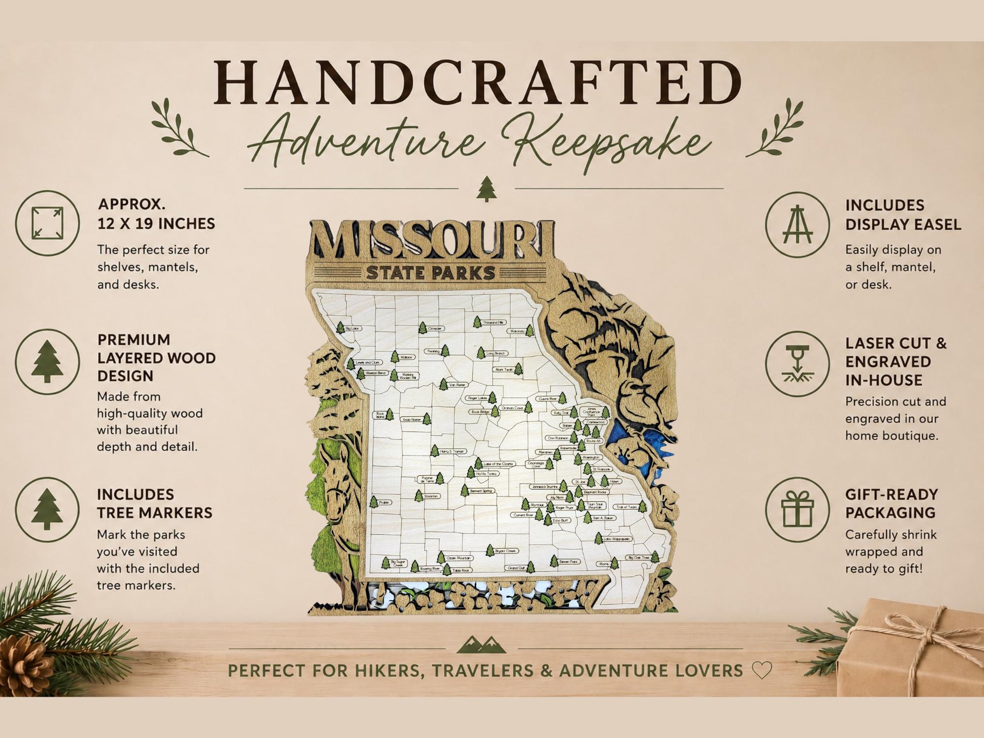 Personalized Missouri State Parks Map | MO Travel Tracker | Layered Wood Adventure Keepsake | Hiking & Camping Gift | Missouri Wall Art