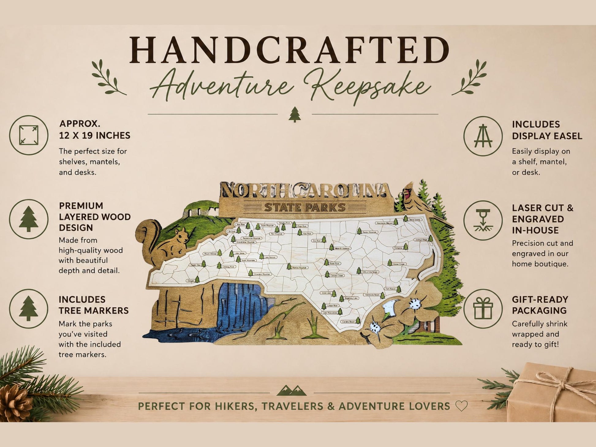 Personalized North Carolina State Parks Map | NC Travel Tracker | Layered Wood Adventure Keepsake | Hiking & Camping Gift | NC Wall Art