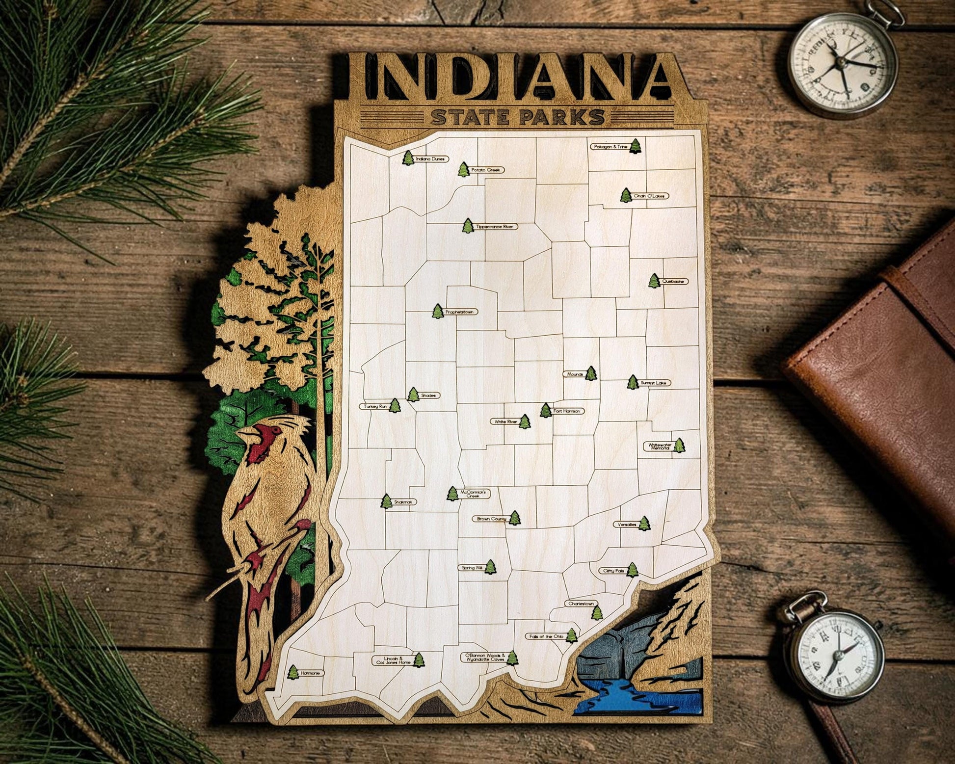 Personalized Indiana State Parks Map | IN Travel Tracker | Layered Wood Adventure Keepsake | Hiking & Camping Gift | Indiana Wall Art