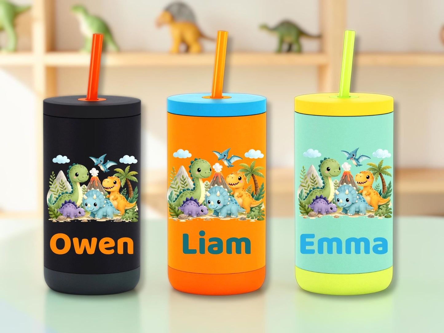 Dino Cup for Toddler Boys, Cute Dinosaur Water Bottle with Name, Back to School Kids Tumbler, Personalized Preschool Gift