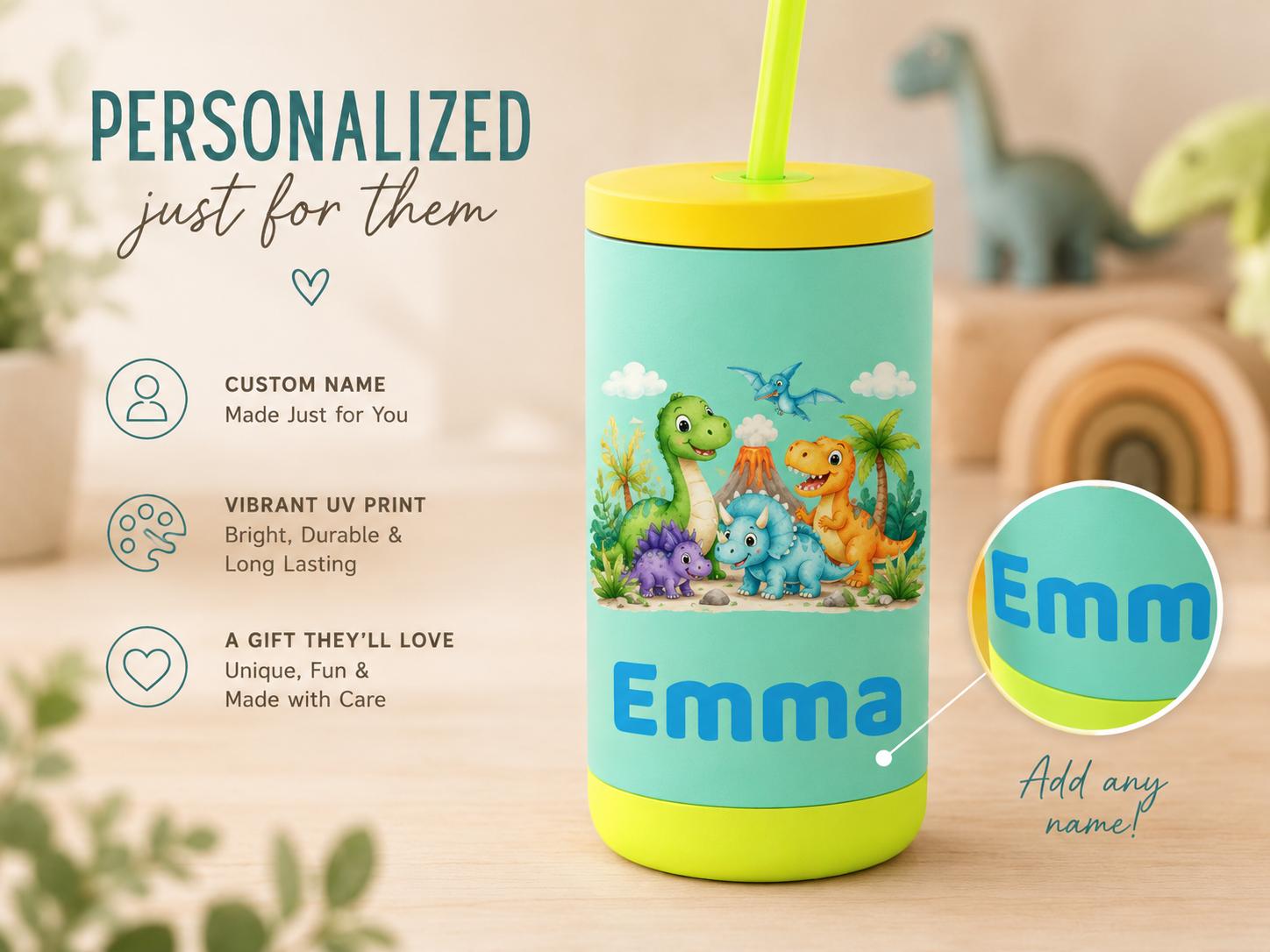 Dino Cup for Toddler Boys, Cute Dinosaur Water Bottle with Name, Back to School Kids Tumbler, Personalized Preschool Gift