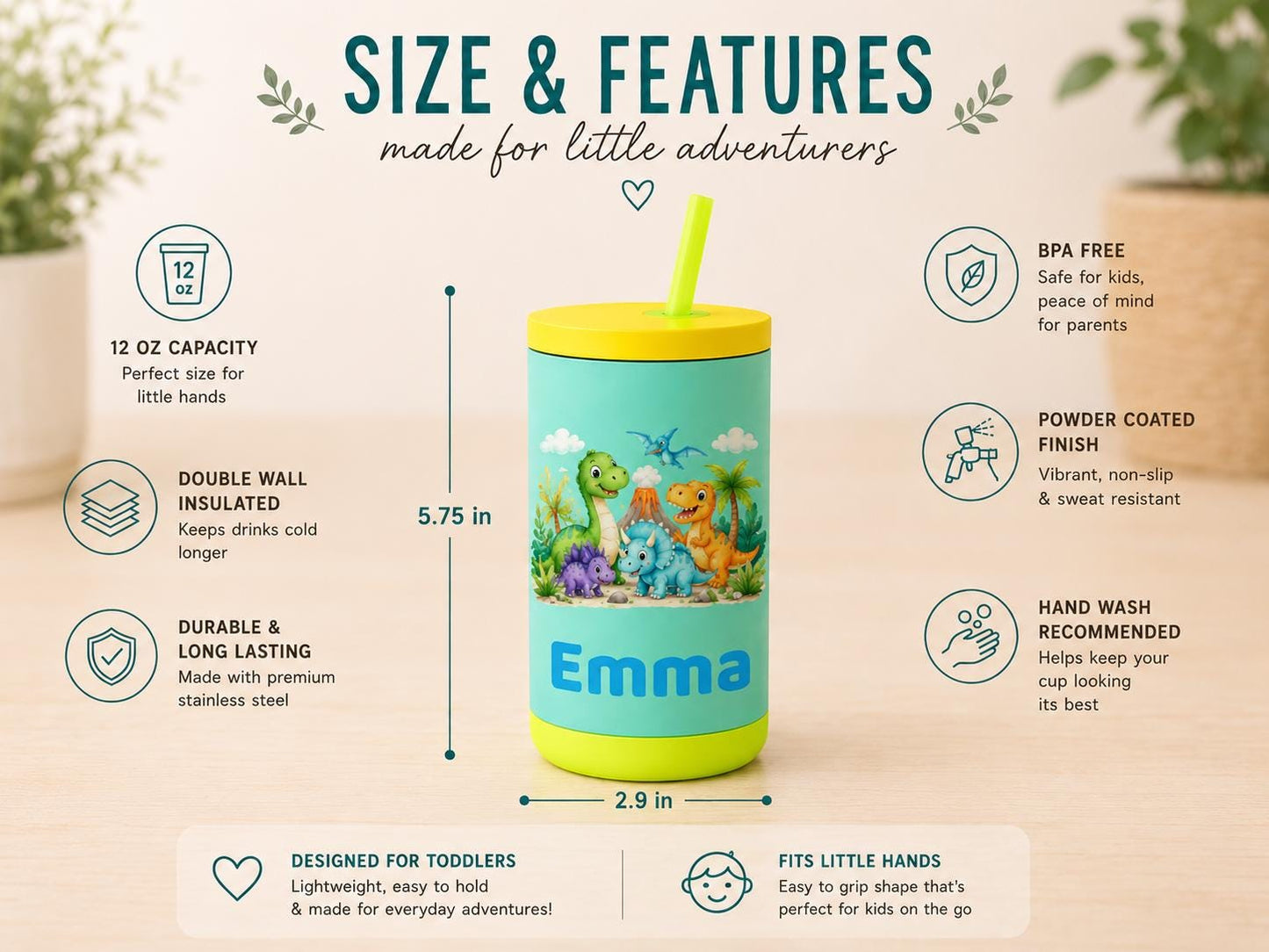 Dino Cup for Toddler Boys, Cute Dinosaur Water Bottle with Name, Back to School Kids Tumbler, Personalized Preschool Gift