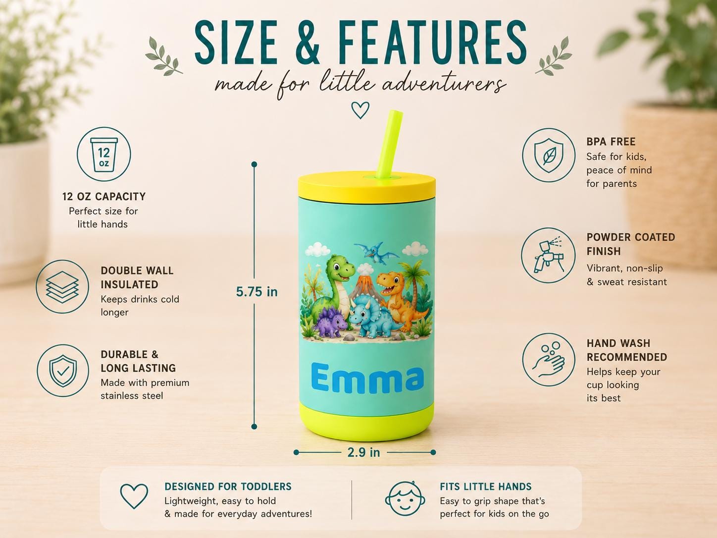 Dino Cup for Toddler Boys, Cute Dinosaur Water Bottle with Name, Back to School Kids Tumbler, Personalized Preschool Gift