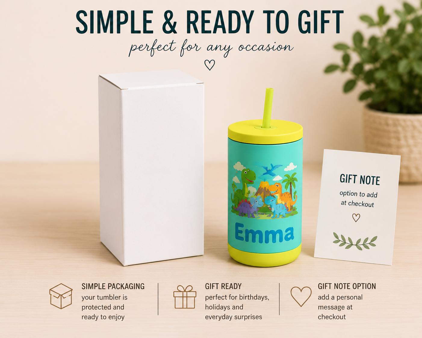 Dino Cup for Toddler Boys, Cute Dinosaur Water Bottle with Name, Back to School Kids Tumbler, Personalized Preschool Gift