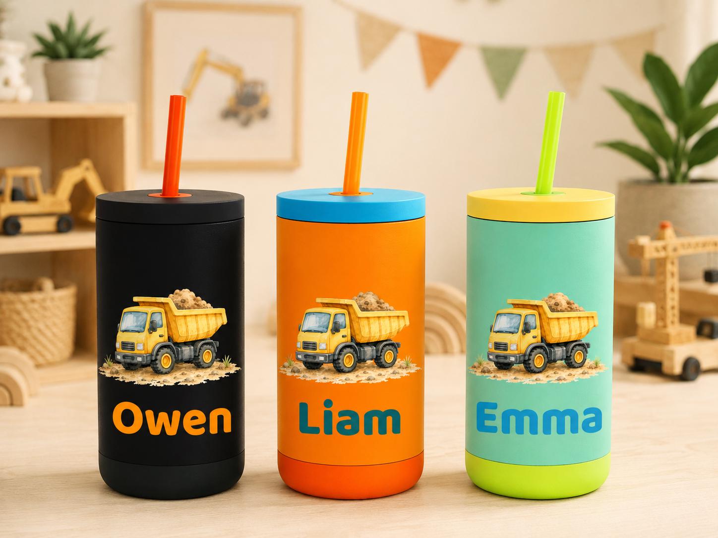 Dump Truck Water Bottle for Boys, Construction Kids Tumbler with Name, Back to School Cup, Personalized Toddler Boy Gift