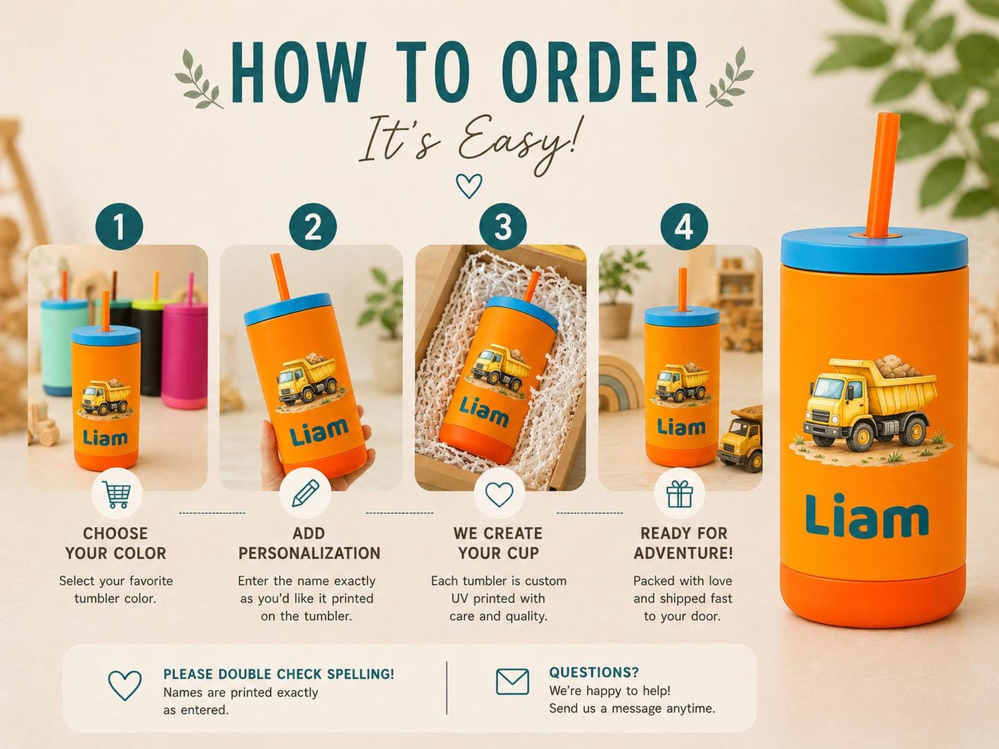 Dump Truck Water Bottle for Boys, Construction Kids Tumbler with Name, Back to School Cup, Personalized Toddler Boy Gift