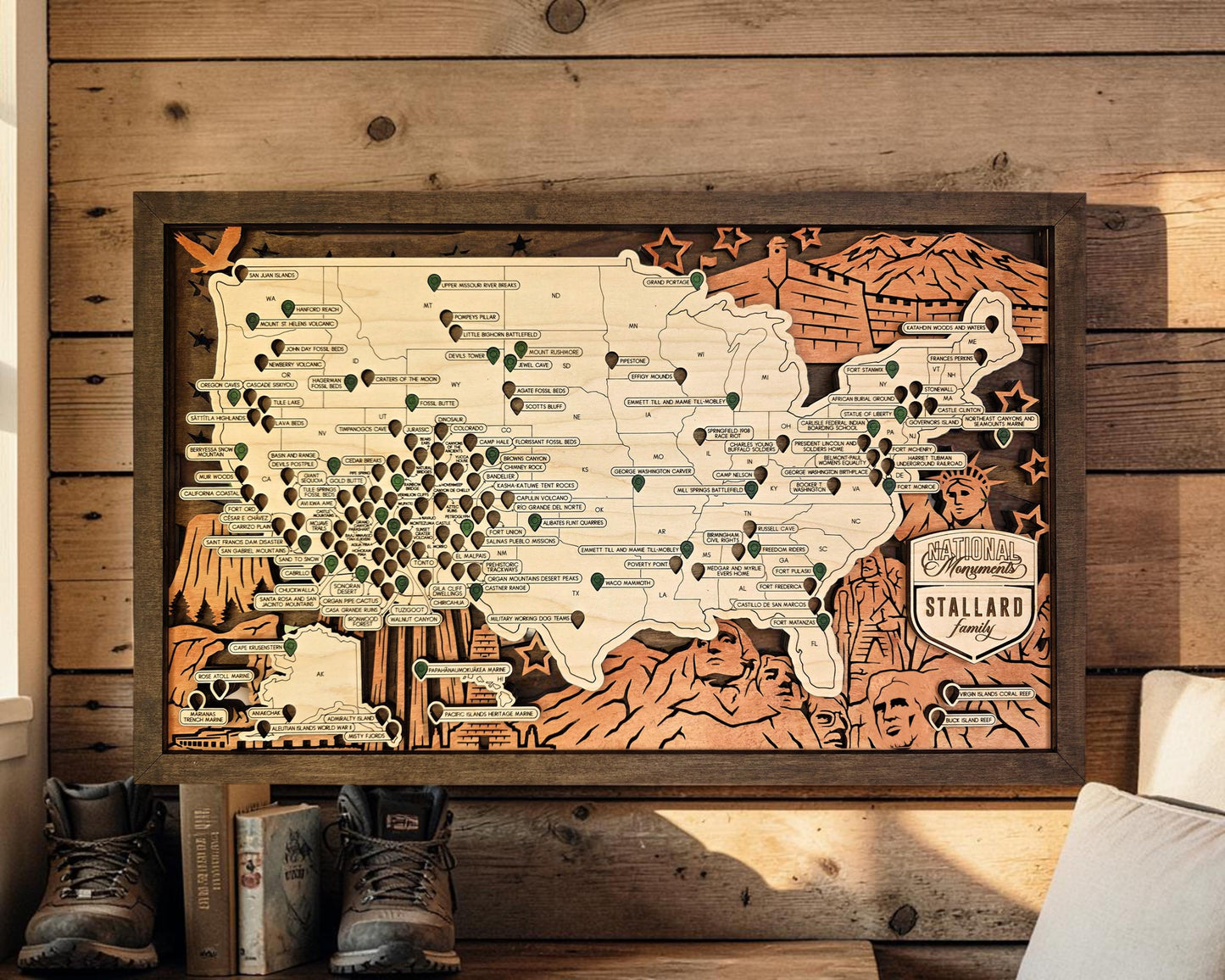 National Monument Travel Map, Personalized USA Adventure Tracker, Wooden Travel Map, National Park Style Decor, Adventure Gift