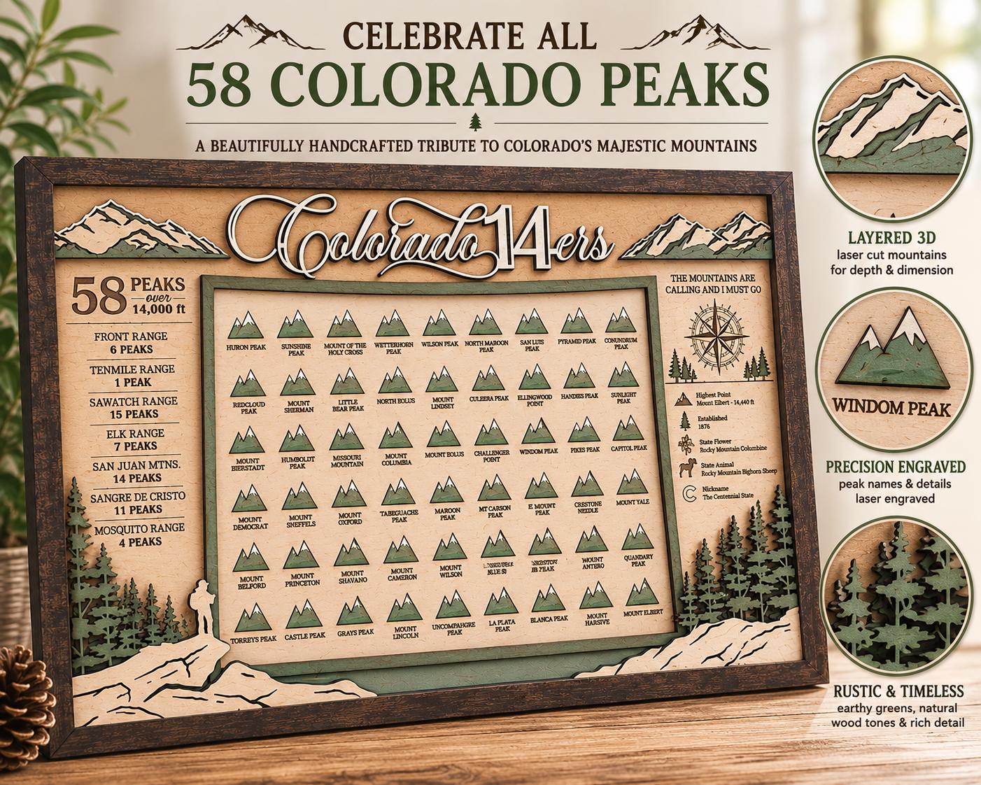 Colorado 14ers Tracker | Colorado Fourteener Checklist | 58 Peak Hiking Tracker | Mountain Climbing Bucket List | Colorado Hiker Gift