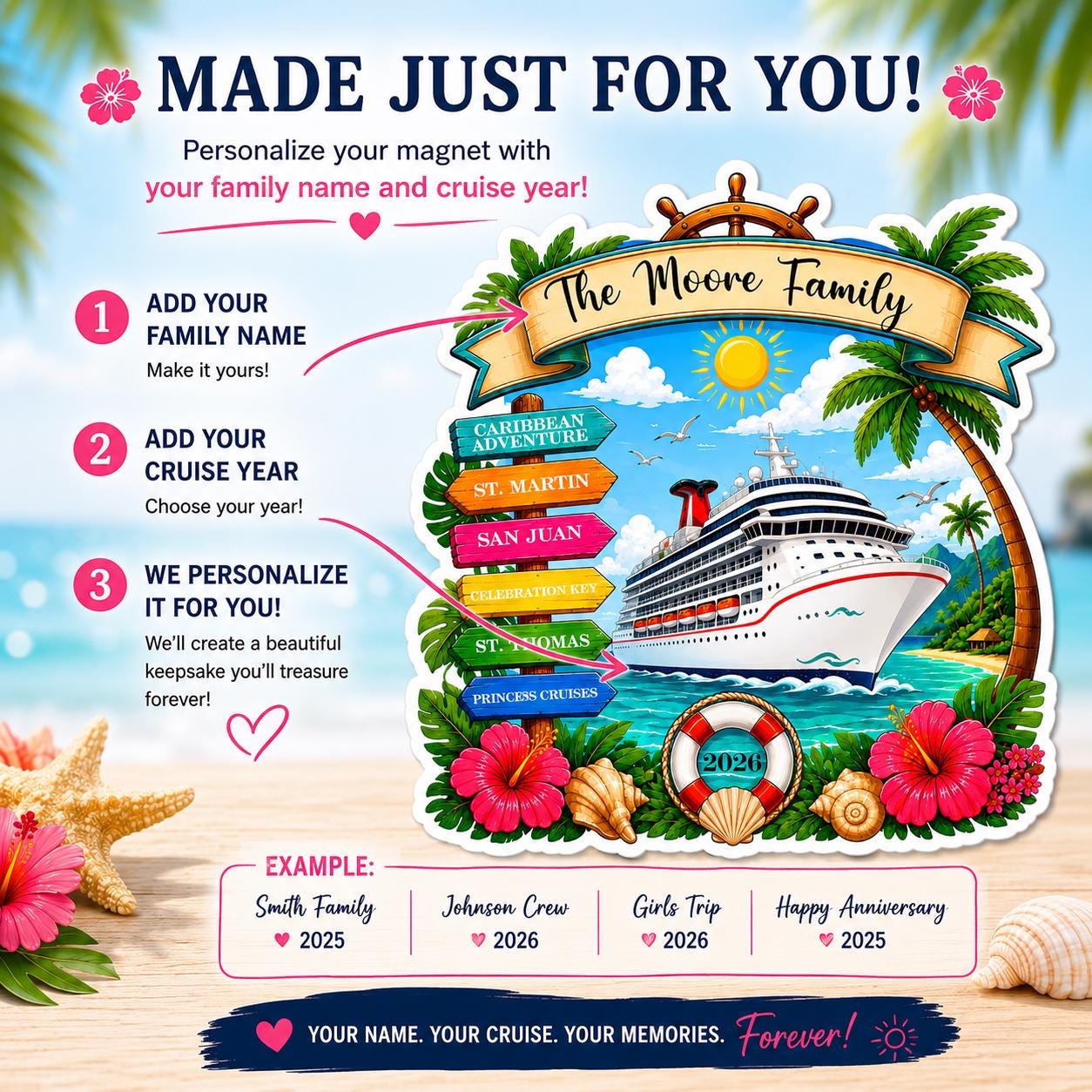 Personalized Caribbean Cruise Magnet, Caribbean Cruise Door Magnet, Cruise Cabin Door Decor, Family Cruise Keepsake, Custom Cruise Gift