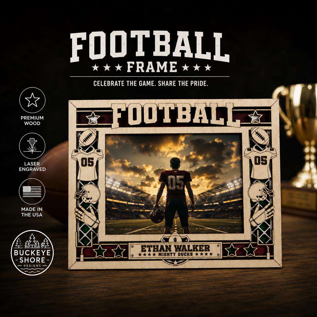 Personalized Football Picture Frame, Custom Wood Football Gift, Football Player Frame, Coach Gift, Football Dad Gift,End of Season Team Gift