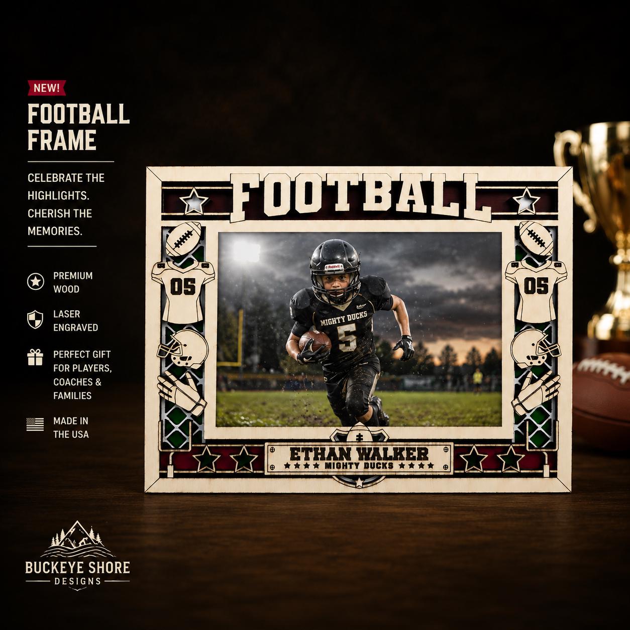 Personalized Football Picture Frame, Custom Wood Football Gift, Football Player Frame, Coach Gift, Football Dad Gift,End of Season Team Gift