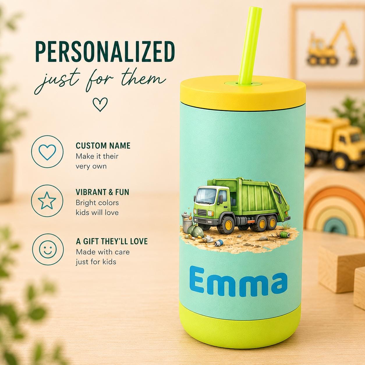 Garbage Truck Water Bottle for Boys, Kids Tumbler with Name, Back to School Cup, Personalized Toddler Boy Gift, Trash Truck Cup
