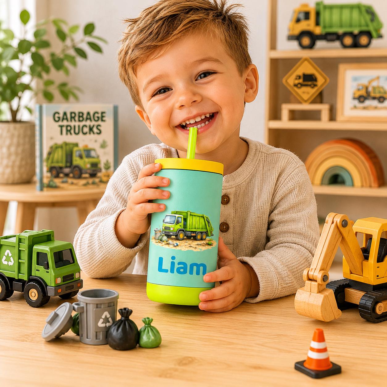 Garbage Truck Water Bottle for Boys, Kids Tumbler with Name, Back to School Cup, Personalized Toddler Boy Gift, Trash Truck Cup