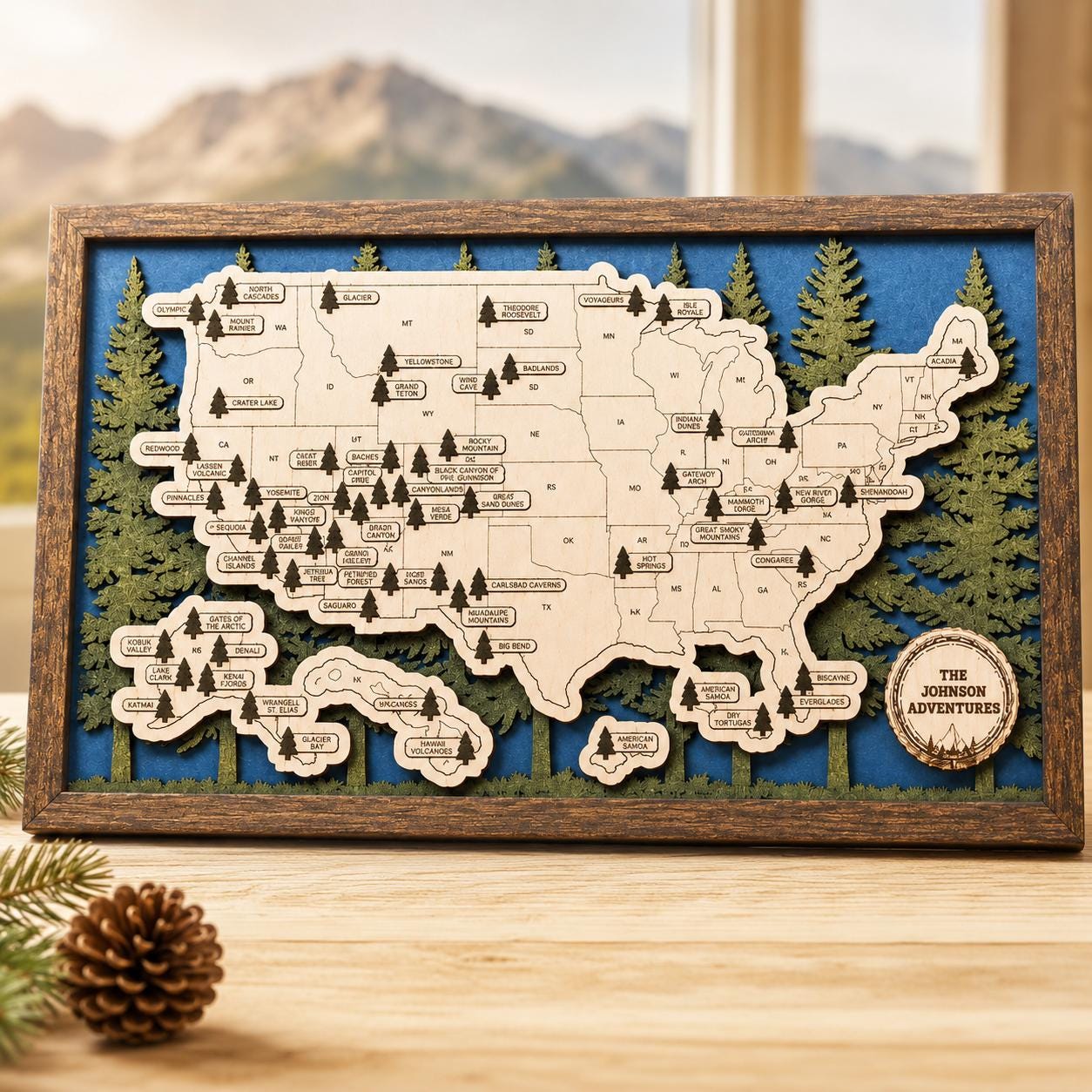 Personalized National Park Map | Laser Cut Wood Tracker | Framed Wall Art | Hiking Gift for Her | Hiking Gift for Him | National Park Gift