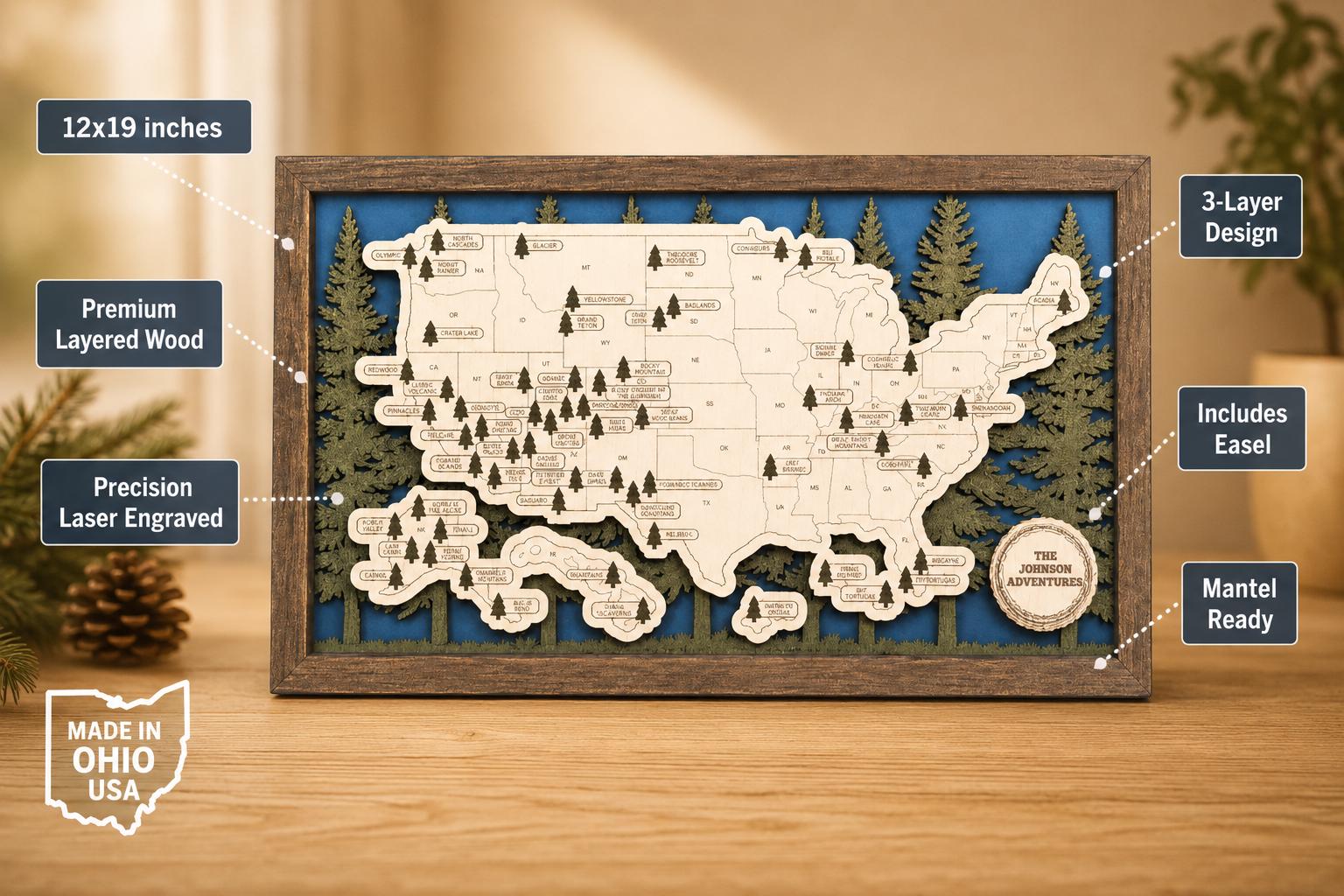 Personalized National Park Map | Laser Cut Wood Tracker | Framed Wall Art | Hiking Gift for Her | Hiking Gift for Him | National Park Gift