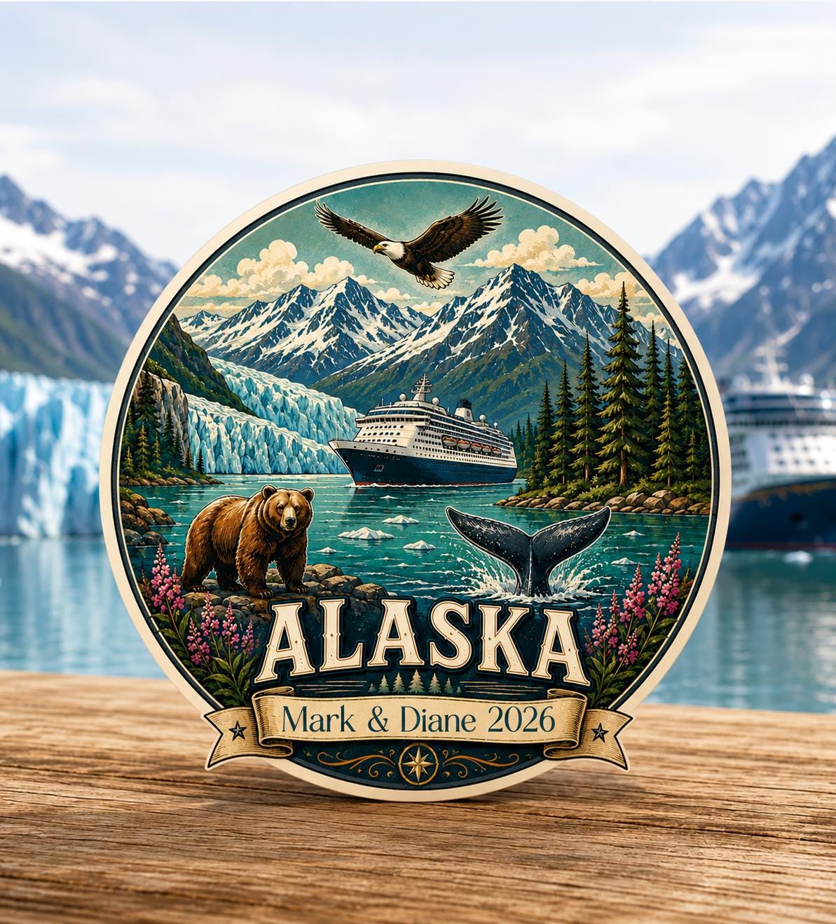 Personalized Alaska Cruise Magnet, Retro Alaska Souvenir Magnet, Custom Cruise Door Magnet, Alaska Trip Gift, 5 Inch Cruise Ship Magnet