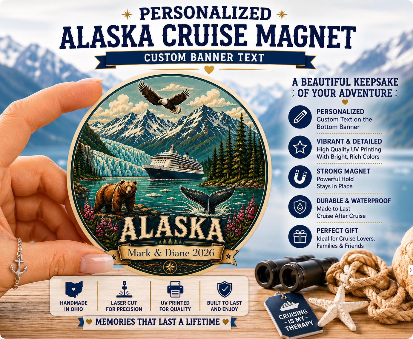 Personalized Alaska Cruise Magnet, Retro Alaska Souvenir Magnet, Custom Cruise Door Magnet, Alaska Trip Gift, 5 Inch Cruise Ship Magnet