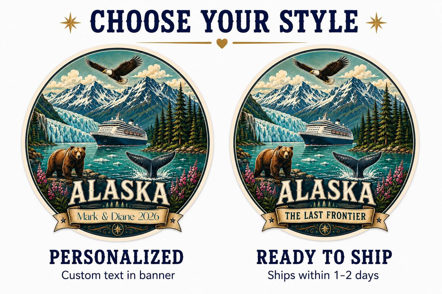 Personalized Alaska Cruise Magnet, Retro Alaska Souvenir Magnet, Custom Cruise Door Magnet, Alaska Trip Gift, 5 Inch Cruise Ship Magnet